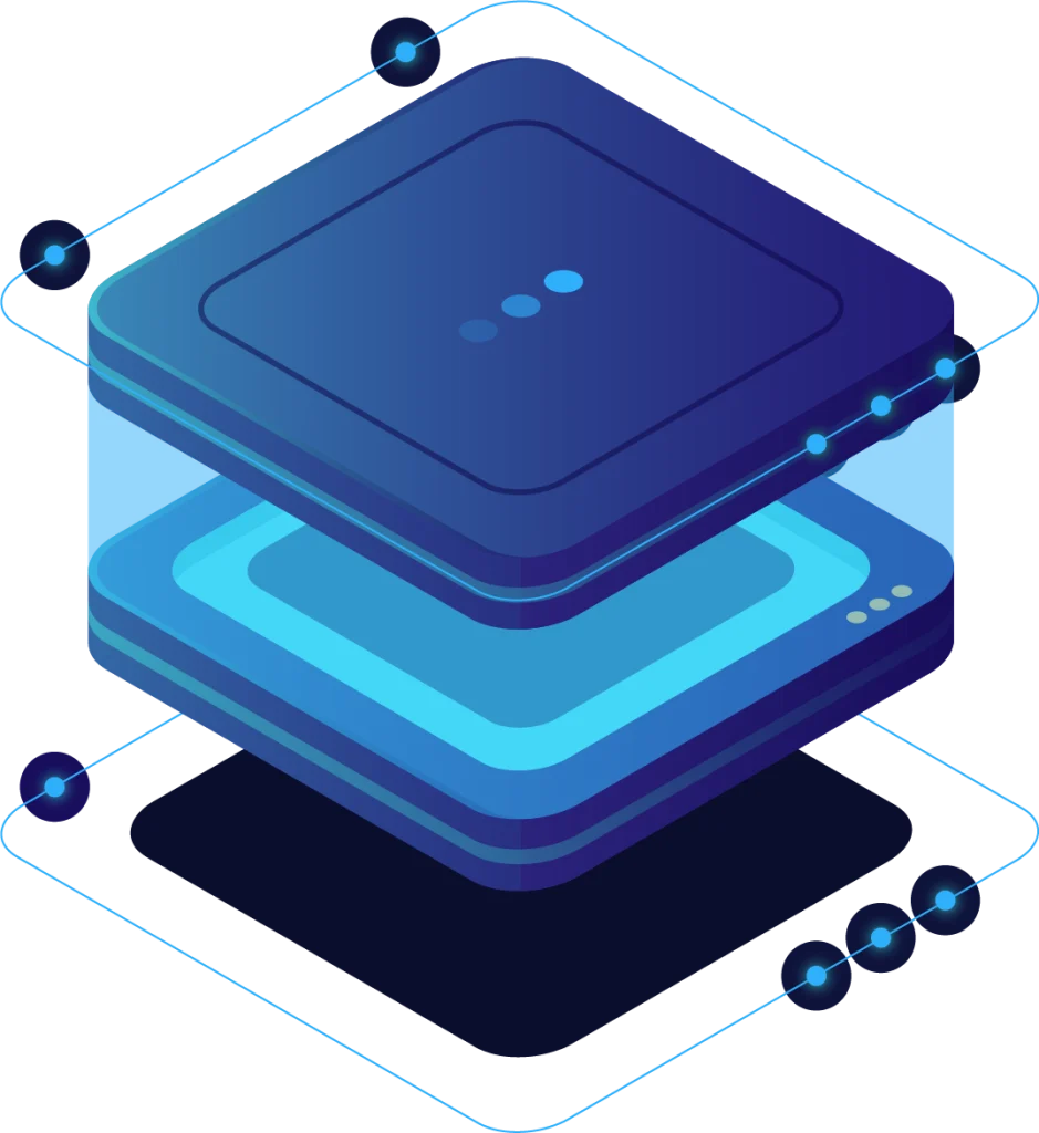 Isometric illustration showing three-layered cloud computing server architecture.