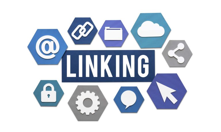 A conceptual graphic with the word 'LINKING' in the center, surrounded by various blue and grey hexagonal icons representing digital elements like a chain, cloud, lock, gear, and cursor.