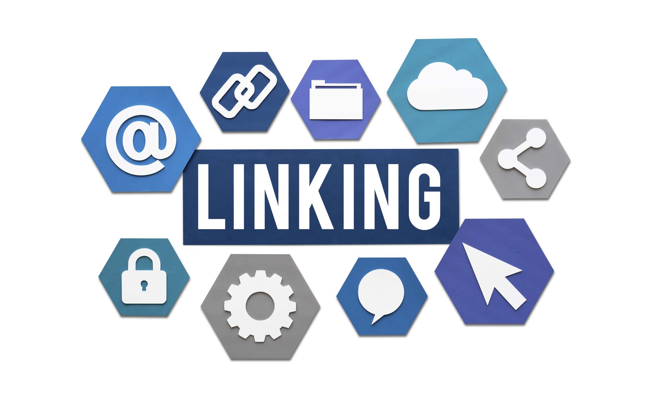 A conceptual graphic with the word 'LINKING' in the center, surrounded by various blue and grey hexagonal icons representing digital elements like a chain, cloud, lock, gear, and cursor.