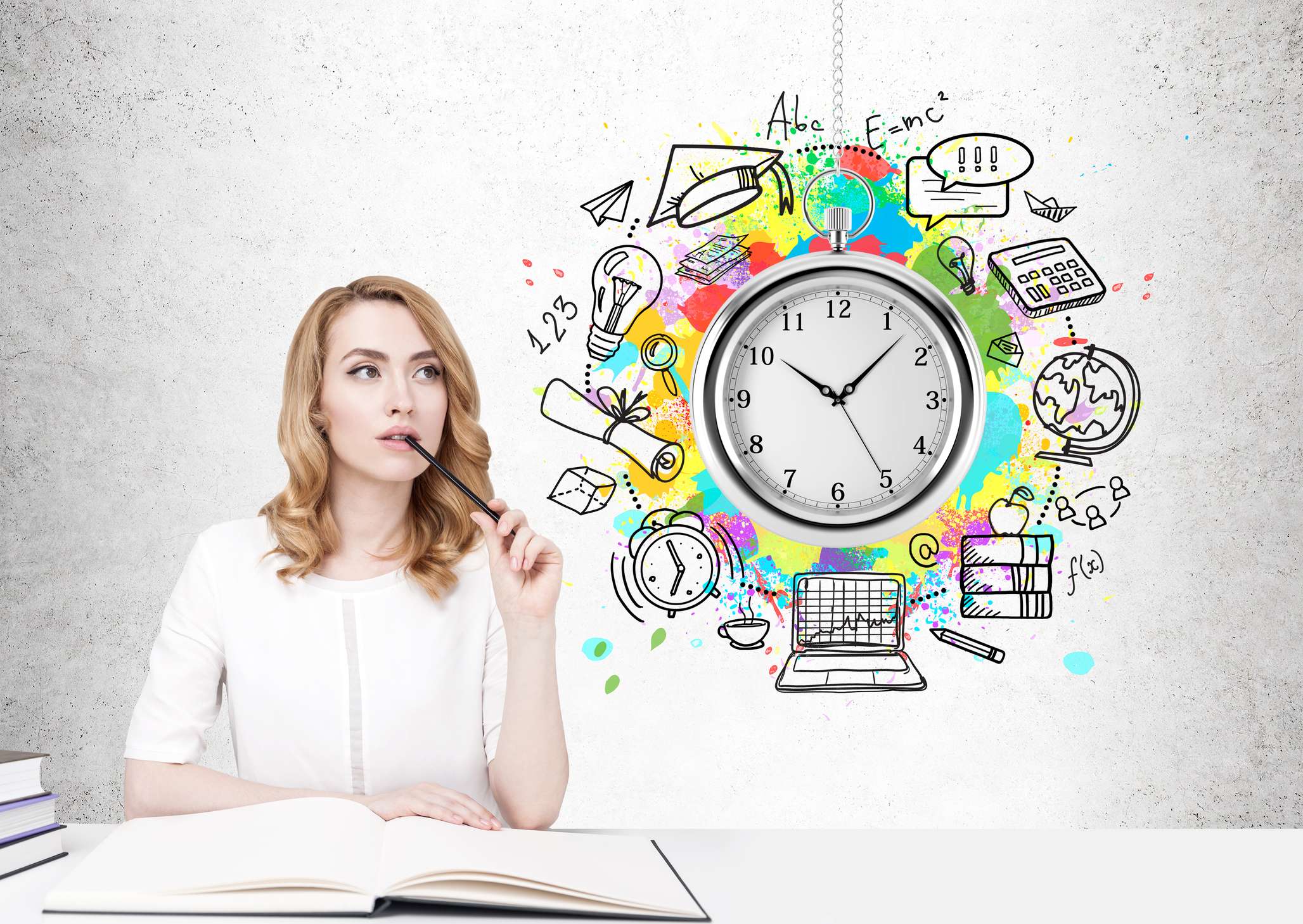 A woman thoughtfully holding a pen while looking at a large clock surrounded by various educational and business icons, representing the concept of time and learning.