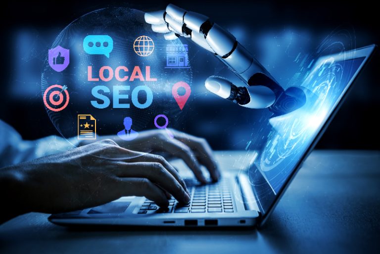 Innovative Robotic Hand Engaging in Local SEO Strategies on Laptop with Digital Icons Representing Online Marketing and Optimization Concepts Gantry
