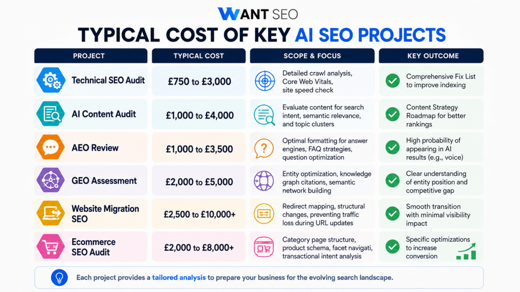 Typical cost breakdown for AI SEO projects