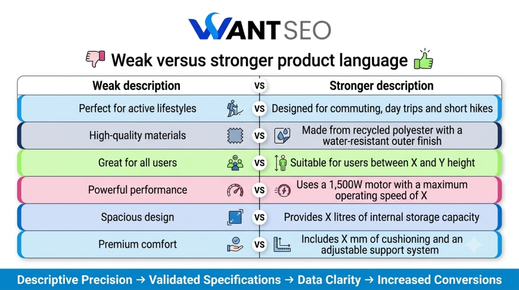 Weak versus stronger product descriptions language