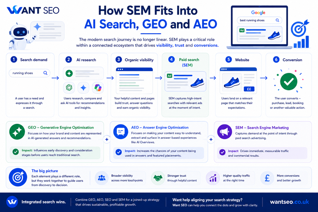 How SEM fits into AI search, GEO and AEO explained by Want SEO