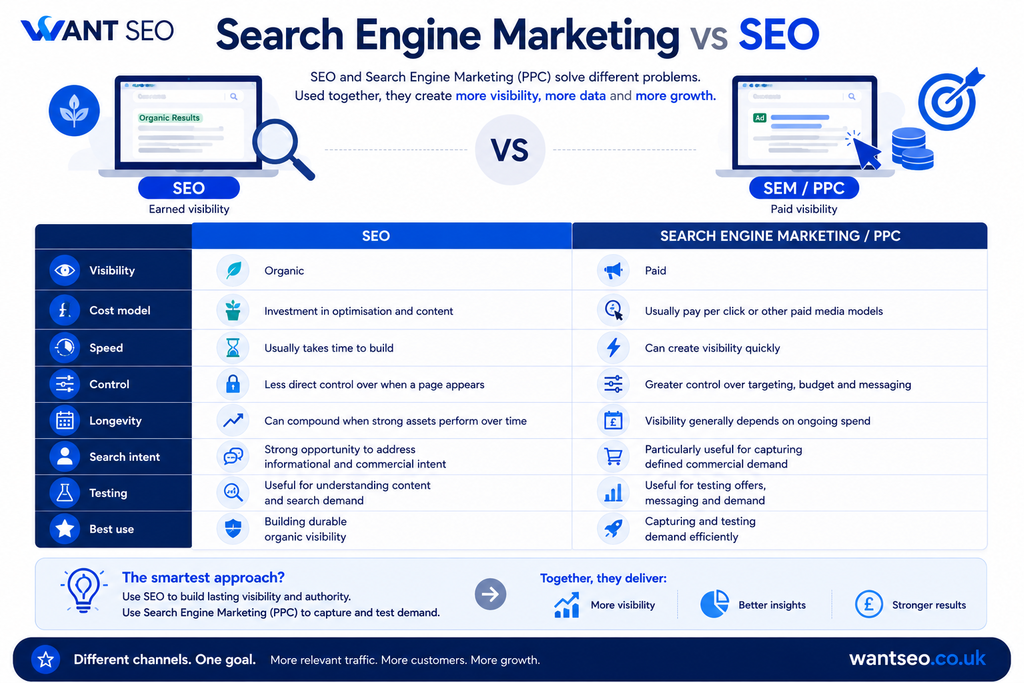 Search engine marketing vs SEO Explained by Want SEO Team