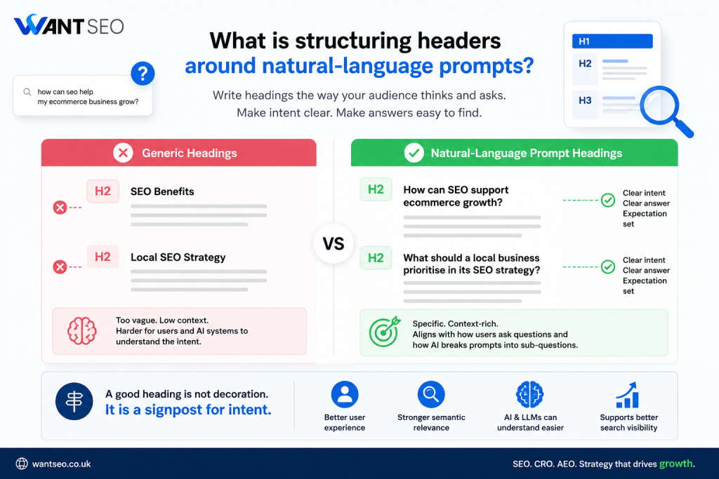 Structuring headers around natural-language prompts