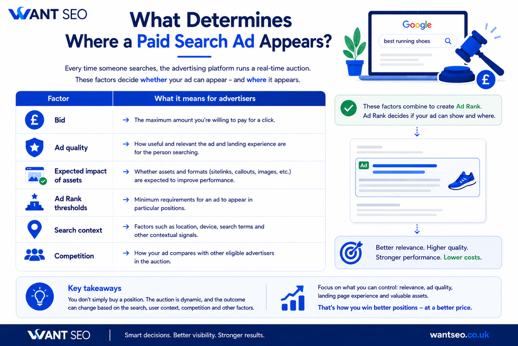What determines where a paid search ad appears Explained by Want SEO Team