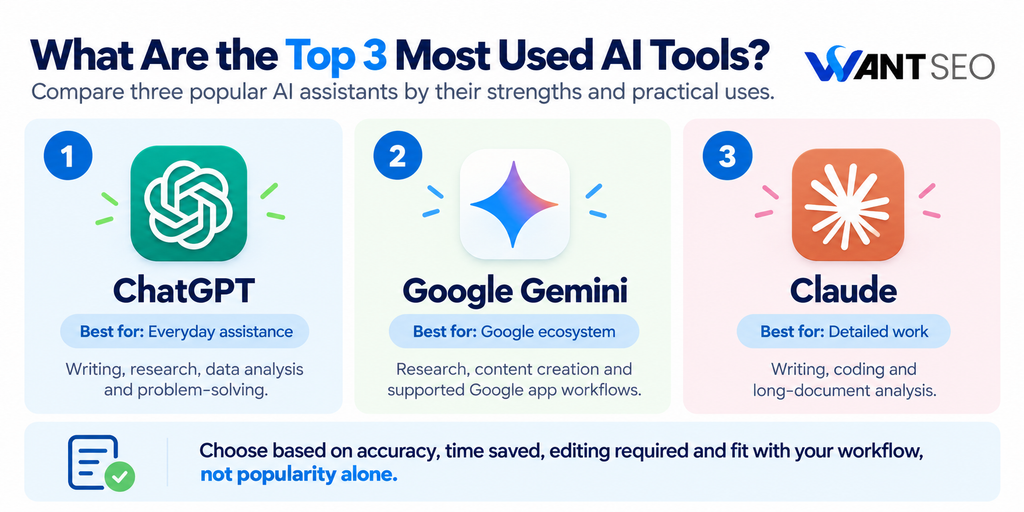 What Are the Top 3 Most Used AI Tools - Comparison and Explanation provided by Want SEO